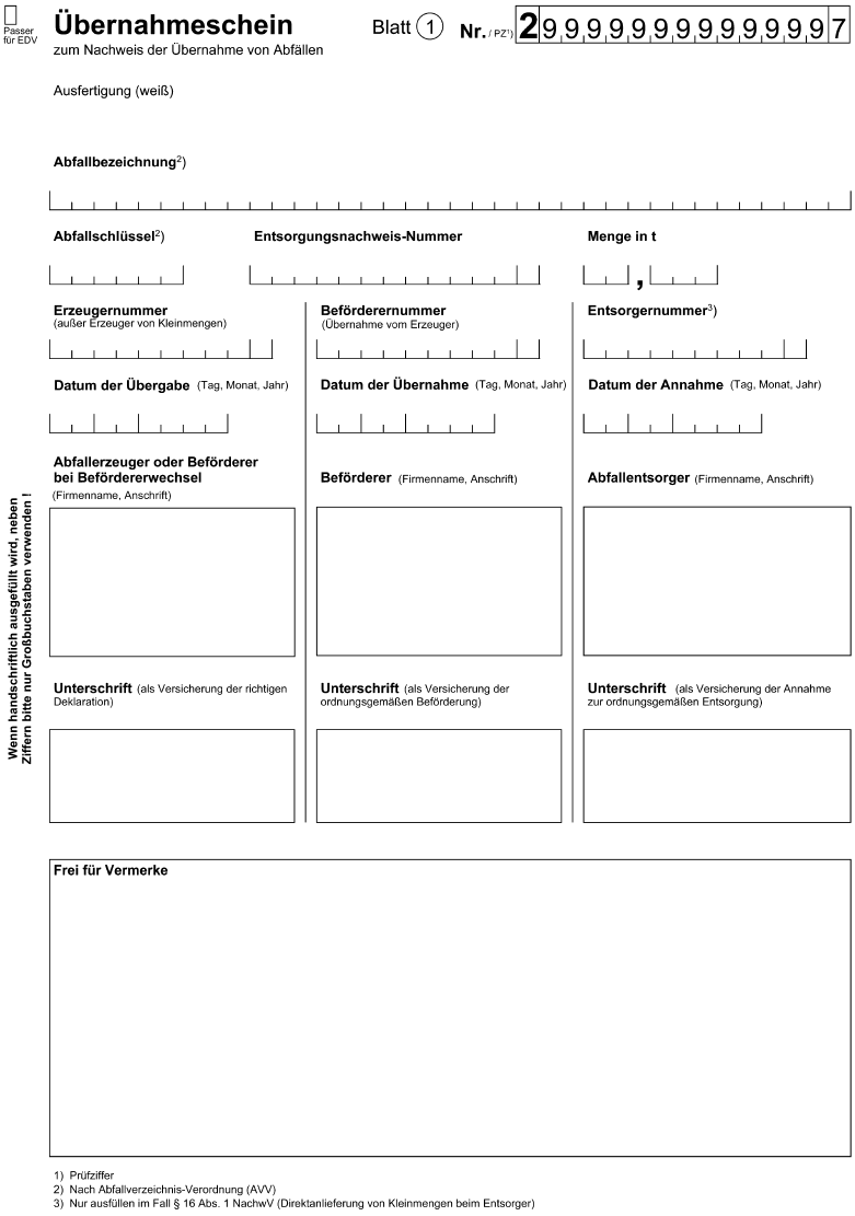 Übernahmeschein zum Nachweis der Übernahme von Abfällen, Blatt 1 (BGBl. 2006 I S. 2325)