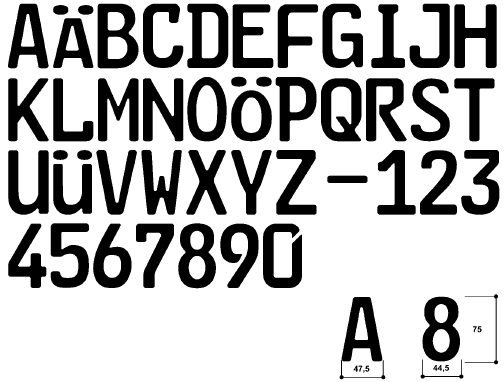 Schriftart Kennzeichen Mittelschrift 75 mm (BGBl. I 2006 S. 1037)