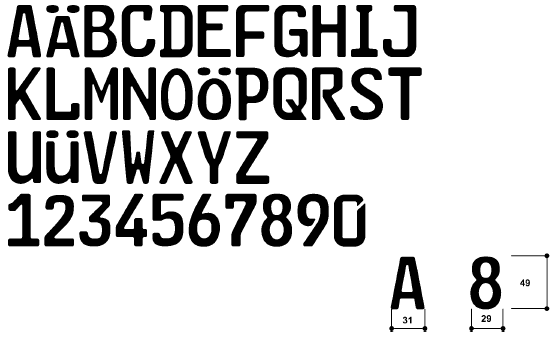 Schriftart verkleinerte Mittelschrift 49 mm für verkleinerte zweizeilige Kennzeichen (BGBl. I 2006 S. 1038)