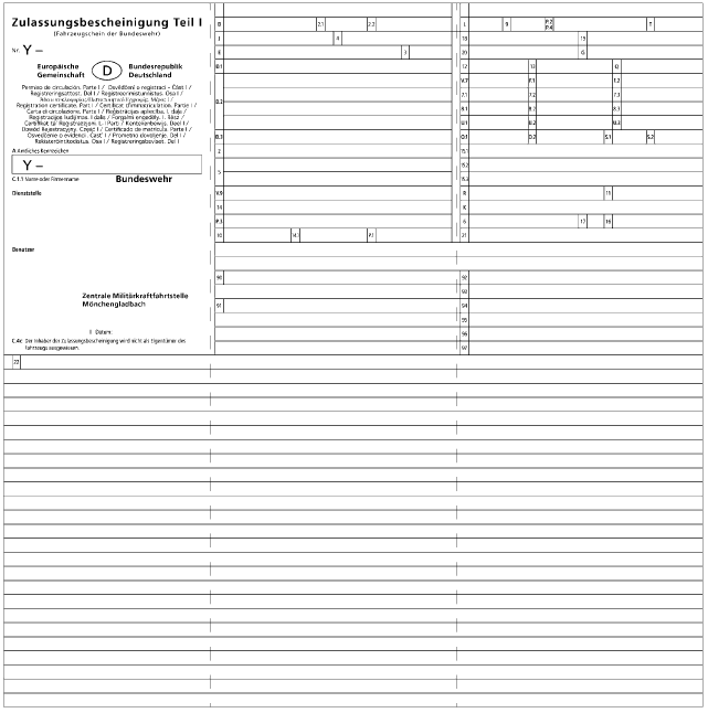 Zulassungsbescheinigung Teil I für Fahrzeuge der Bundeswehr Vorderseite (BGBl. I 2006 S. 1054)