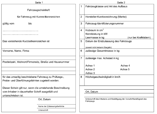 Fahrzeugschein für Fahrzeuge mit Kurzzeitkennzeichen (BGBl. I 2006 S. 1062)