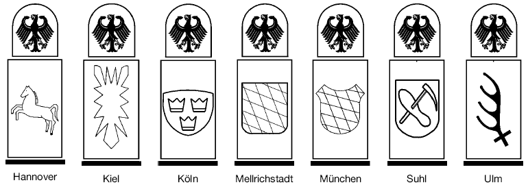 Abb. 4 Prüfzeichen für Munition, Hannover Kiel Köln Mellrichstadt München Suhl Ulm (BGBl. I 2006 S. 1501)