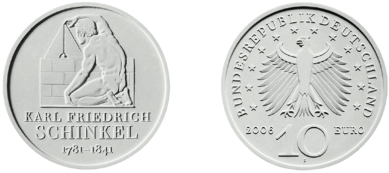 Abbildung von Bild- und Wertseite Gedenkmünze 225. Geburtstag Karl Friedrich Schinkel 1781 - 1841 (BGBl. I 2006 S. 160)