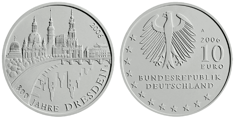 Abbildung von Bild- und Wertseite Gedenkmünze 800 Jahre Dresden (BGBl. I 2006 S. 1703)