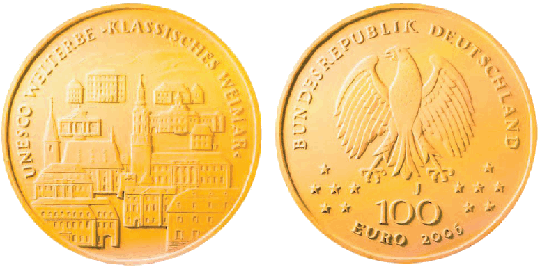 Abbildung von Bild- und Wertseite Goldmünze "UNESCO Welterbe - Klassisches Weimar" (BGBl. I 2006 S. 2118)