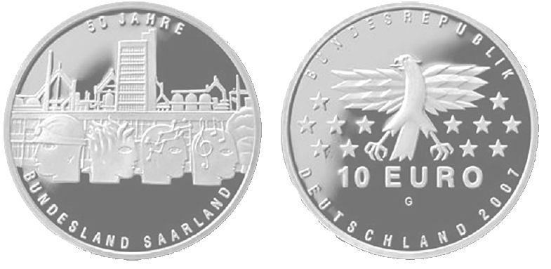 Abbildung von Bild- und Wertseite Gedenkmünze "50 Jahre Bundesland Saarland" (BGBl. I 2006 S. 2666)