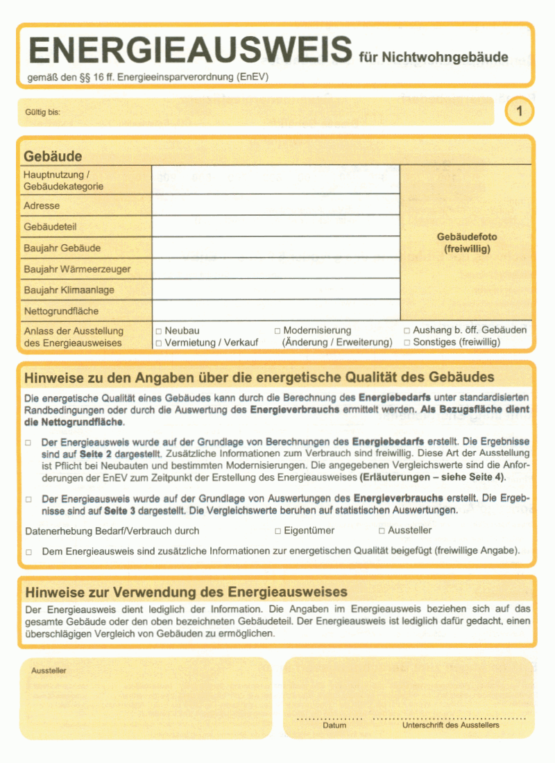 Muster Energieausweis für Nichtwohngebäude Seite 1
