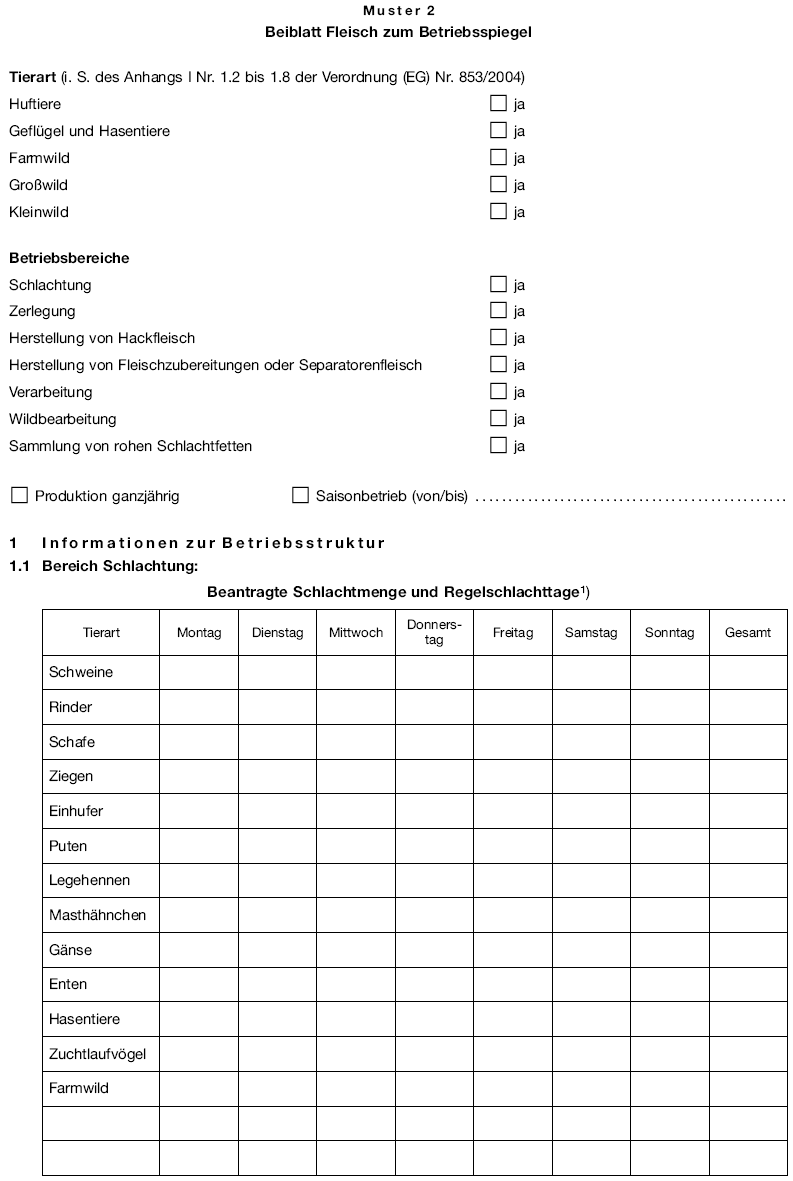 Muster 2 Beiblatt Fleisch zum Betriebsspiegel, Seite 1 (BGBl. I 2007 S. 1845)