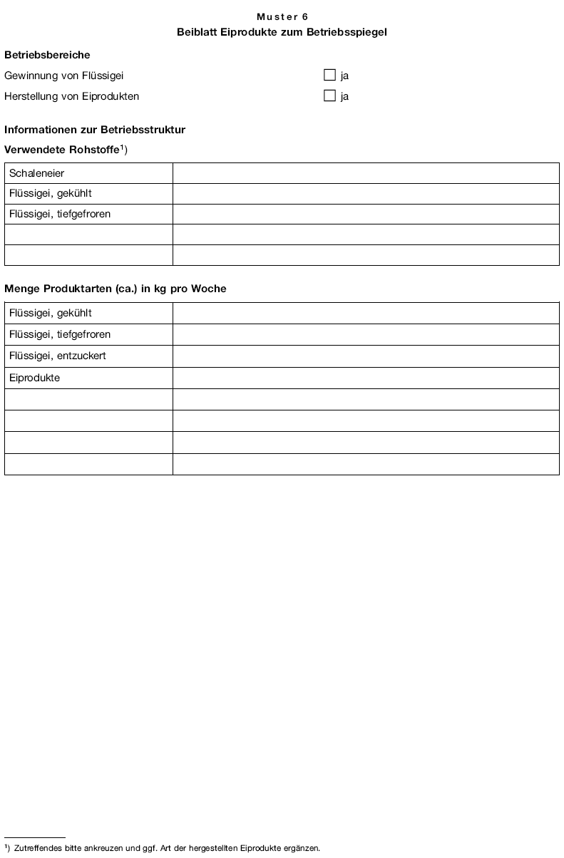Muster 6 Beiblatt Eiprodukte zum Betriebsspiegel (BGBl. I 2007 S. 1853)