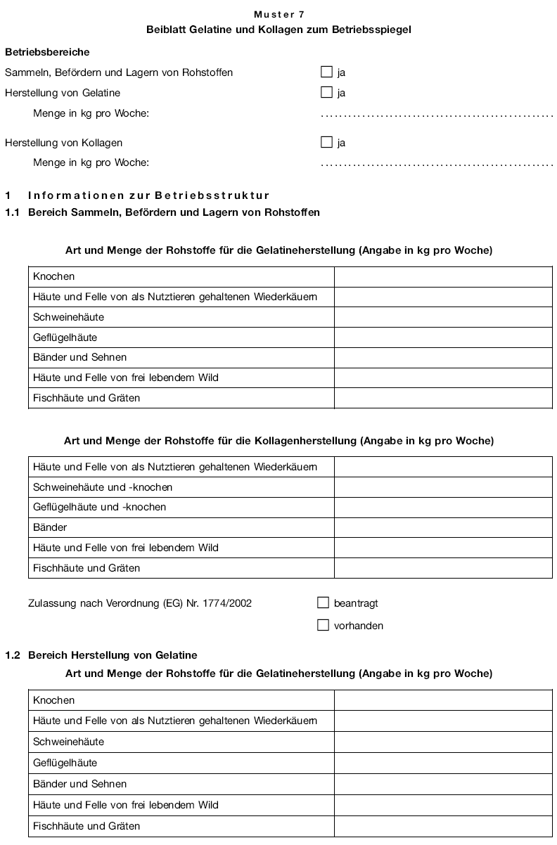 Muster 7 Beiblatt Gelatine und Kollagen zum Betriebsspiegel, Seite 1 (BGBl. I 2007 S. 1854)