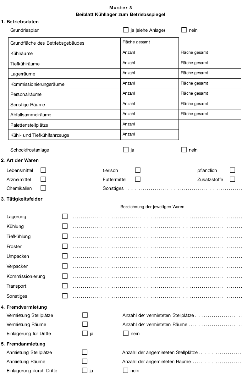 Muster 8 Beiblatt Kühllager zum Betriebsspiegel, Seite 1 (BGBl. I 2007 S. 1856)