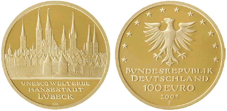 Abbildung von Bild- und Wertseite Goldmünze "UNESCO Welterbe - Hansestadt Lübeck" (BGBl. I 2007 S. 2298)
