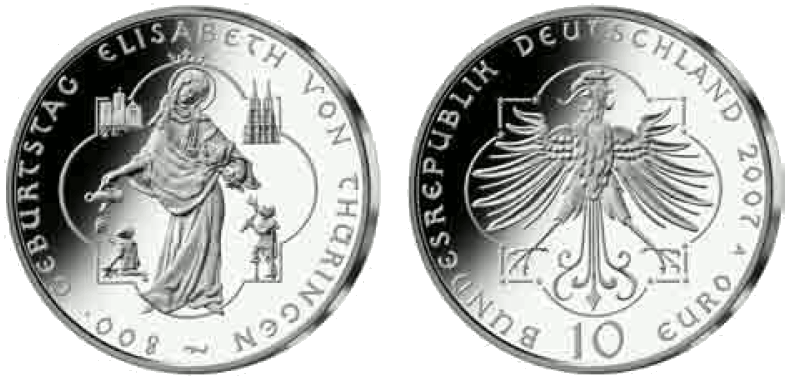 Abbildung von Bild- und Wertseite Gedenkmünze "800. Geburtstag Elisabeth von Thüringen" (BGBl. I 2007 S. 2464)