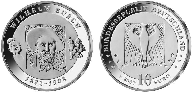 Abbildung von Bild- und Wertseite Gedenkmünze "175. Geburtstag von Wilhelm Busch" (BGBl. I 2007 S. 743)