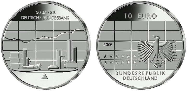 Abbildung von Bild- und Wertseite Gedenkmünze "50 Jahre Deutsche Bundesbank" (BGBl. I 2007 S. 956)