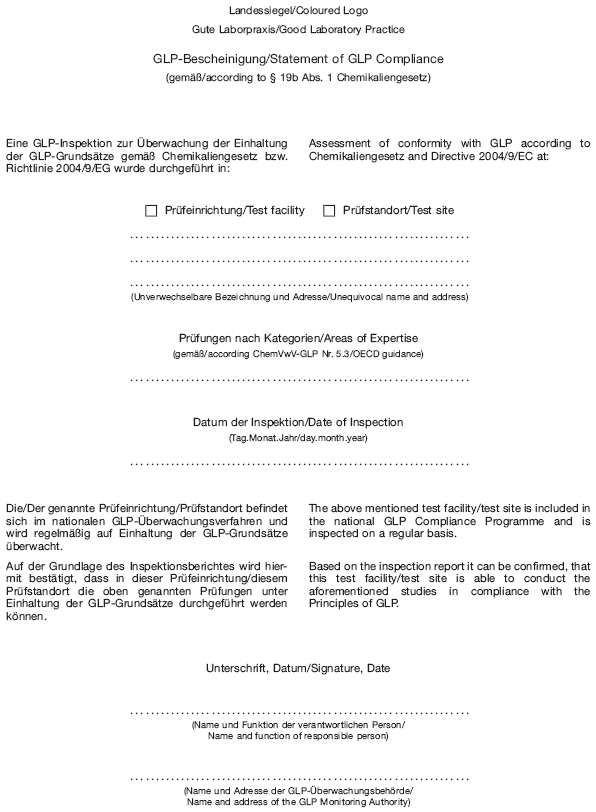 GLP-Bescheinigung/Statement of GLP Compliance (BGBl. I 2008 S. 1184)