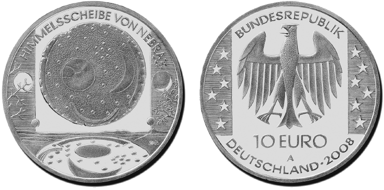 Abbildung von Bild- und Wertseite Gedenkmünze "Himmelsscheibe von Nebra" (BGBl. I 2008 S. 1785)