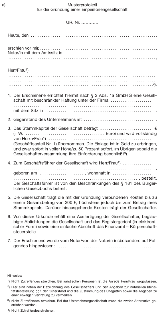 Musterprotokoll für die Gründung einer Einpersonengesellschaft (BGBl. I 2008 S. 2044)