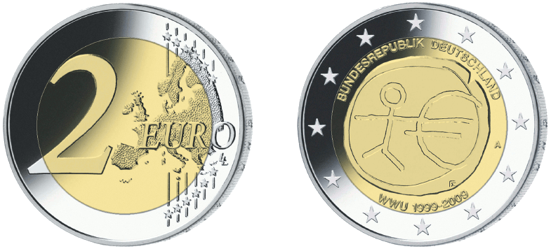 Abbildung von Bild- und Wertseite Gedenkmünze "10 Jahre Wirtschafts- und Währungsunion" (BGBl. I 2008 S. 2206)