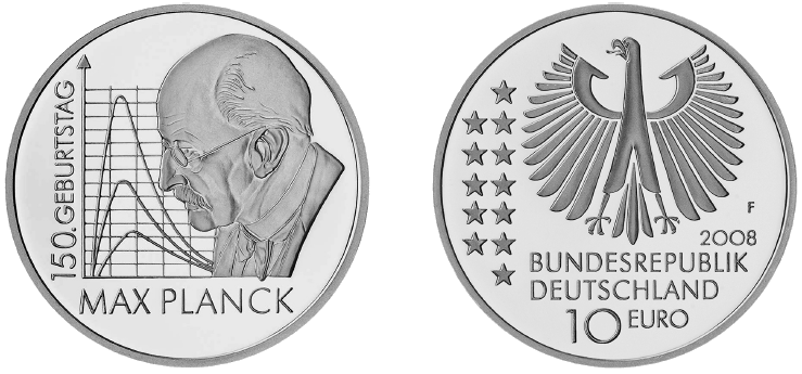 Abbildung von Bild- und Wertseite Gedenkmünze "150. Geburtstag Max Planck" (BGBl. I 2008 S. 483)