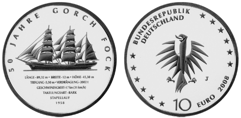 Abbildung von Bild- und Wertseite Gedenkmünze "50 Jahre Gorch Fock" (BGBl. I 2008 S. 991)
