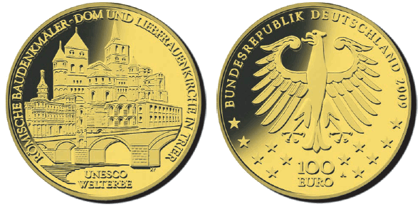 Abbildung von Bild- und Wertseite, Goldmünze "UNESCO Welterbe Römische Baudenkmäler - Dom und Liebfrauenkirche in Trier" (BGBl. I 2009 S. 2995)
