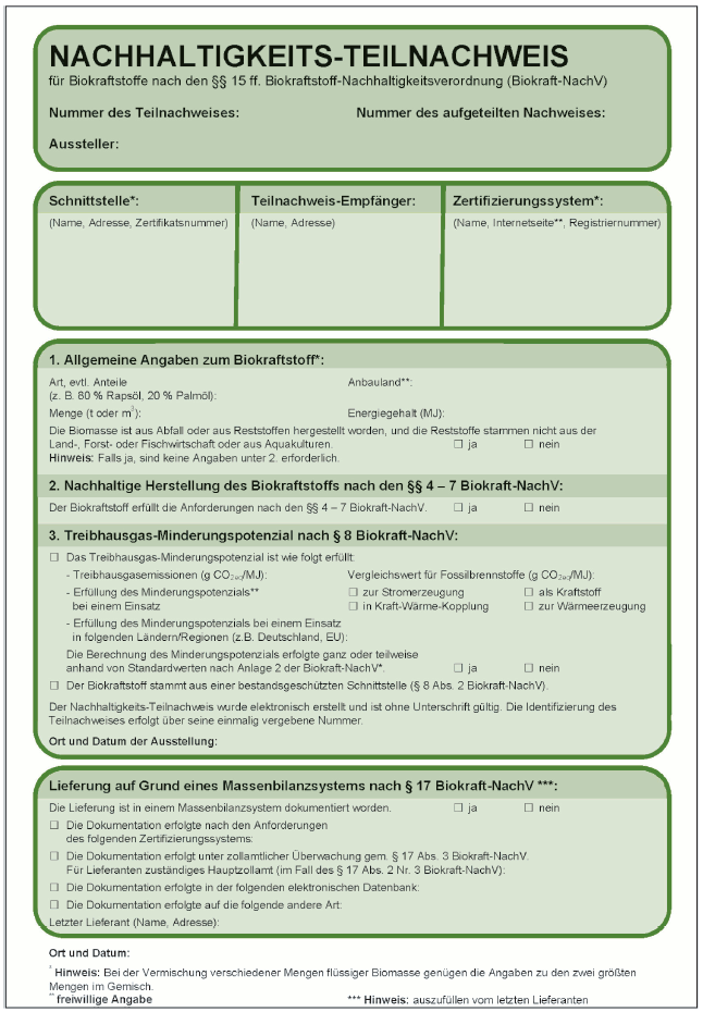 Muster eines Nachhaltigkeitsnachweises (BGBl. 2009 I S. 3210)