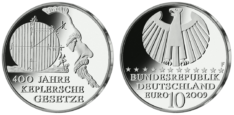 Abbildung von Bild- und Wertseite Gedenkmünze "400 Jahre Keplersche Gesetze" (BGBl. I 2009 S. 739)