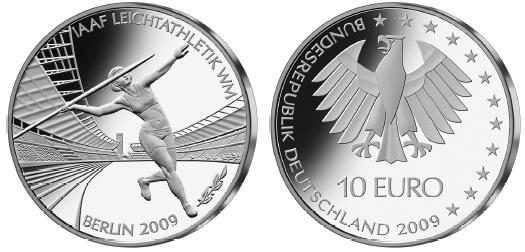 Abbildung von Bild- und Wertseite Gedenkmünze "IAAF Leichtathletik WM Berlin 2009" (BGBl. I 2009 S. 460)