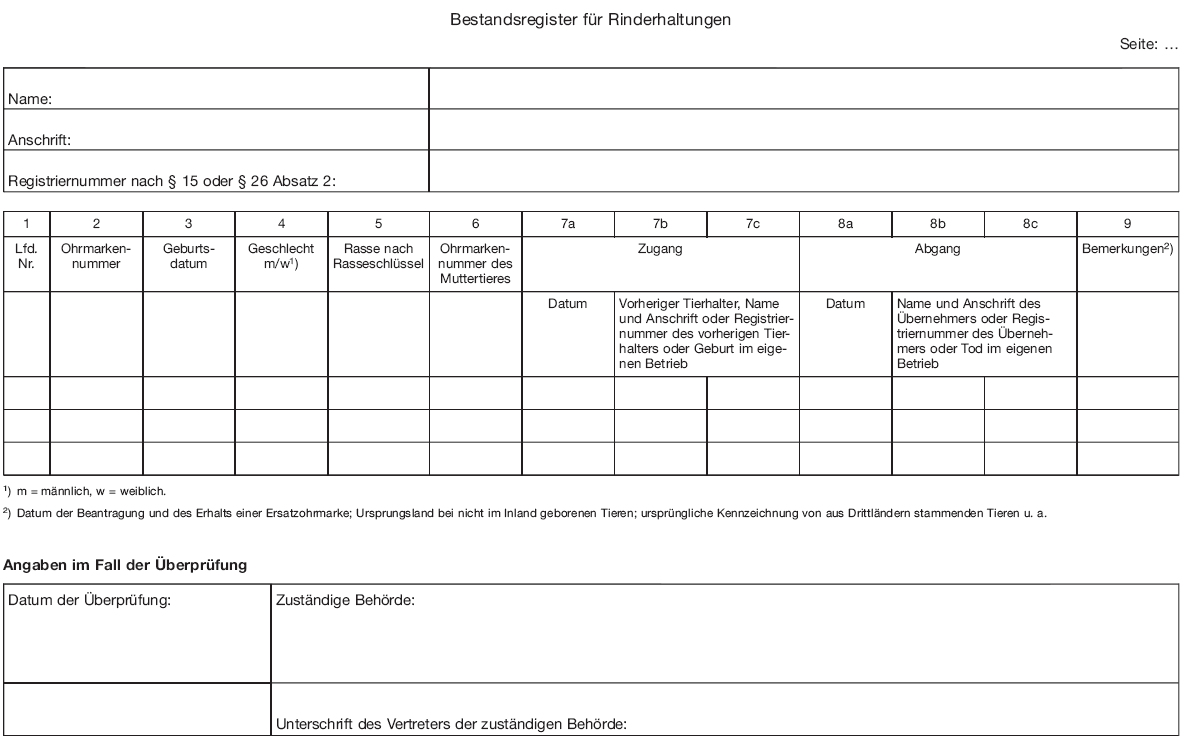 Vordruck Bestandsregister für Rinderhaltungen (BGBl. I 2010 S. 229)