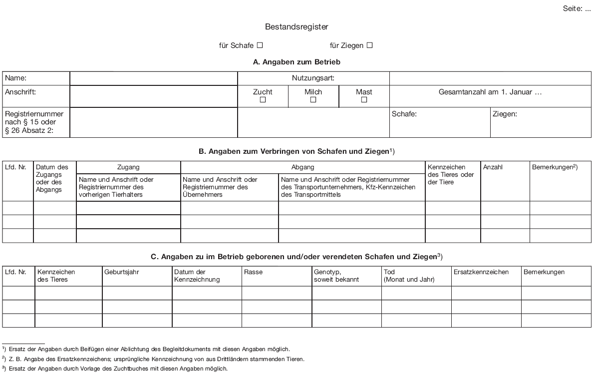 Bestandsregister für Schafe und Ziegen, Seite 1 (BGBl. I 2010 S. 233)