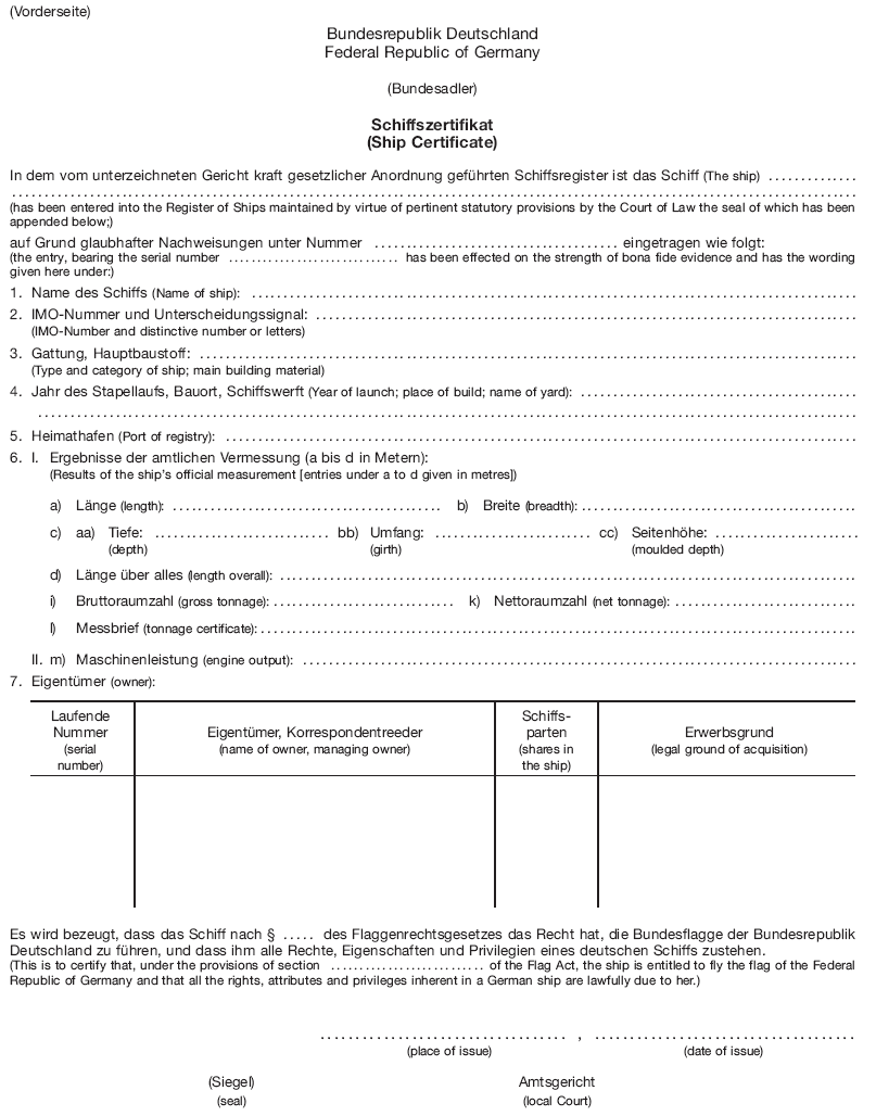 Vorderseite Schiffszertifikat, Ship Certificate (BGBl. I 2010 S. 881)