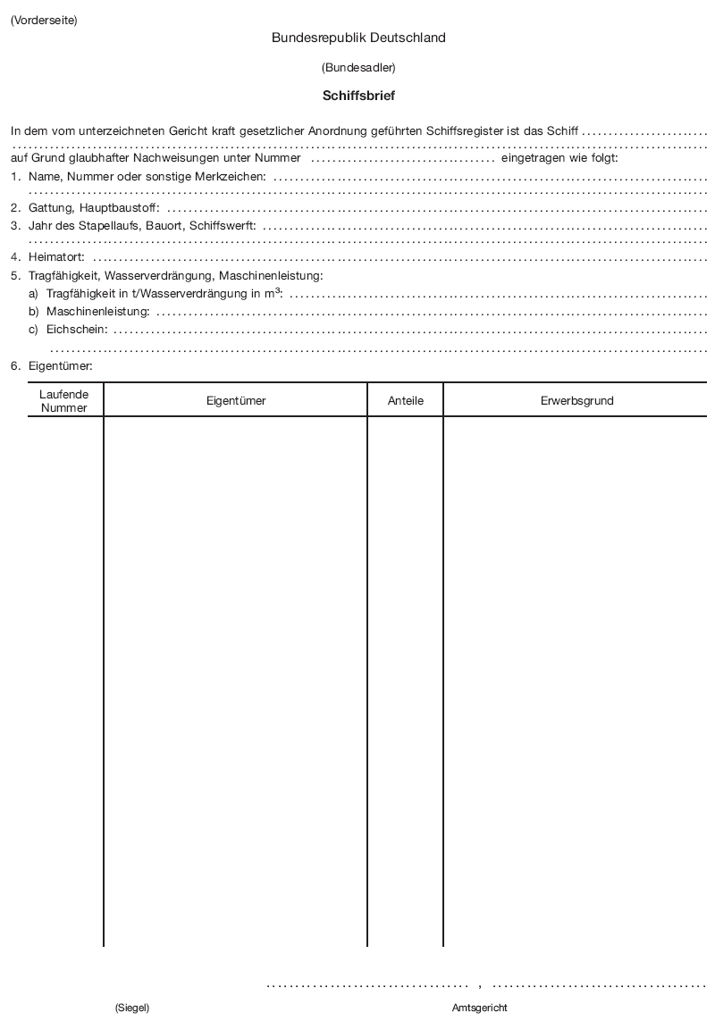 Vorderseite Schiffsbrief, Ship Certificate (BGBl. I 2010 S. 883)