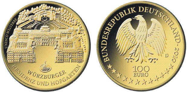 Abbildung von Bild- und Wertseite Goldmünze "UNESCO Welterbe - Würzburger Residenz und Hofgarten" (BGBl. I 2010 S. 1243)