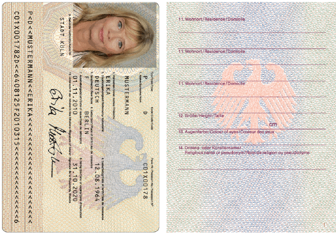 Reisepass, Passkartenvorderseite und Passbuchinnenseite 1 (BGBl. 2010 I S. 1443)