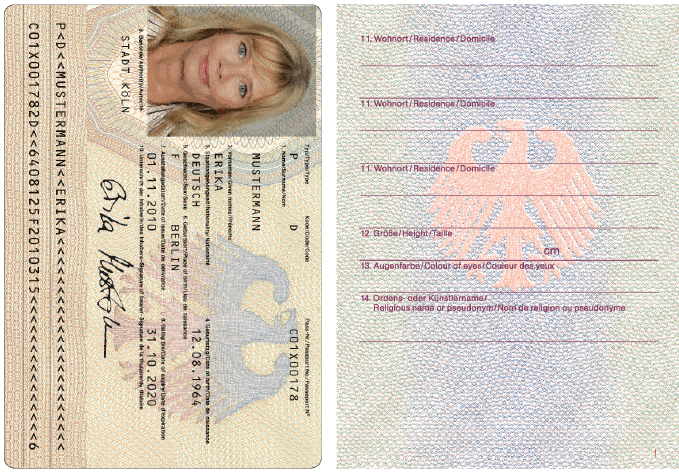 Reisepass, Passkartenvorderseite und Passbuchinnenseite 1 (BGBl. 2010 I S. 1443) Reisepass, Passkartenvorderseite und Passbuchinnenseite 1 (BGBl. 2010 I S. 1443)