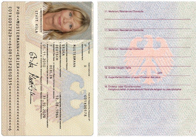 Reisepass, Passkartenvorderseite und Passbuchinnenseite 1 (BGBl. 2010 I S. 1444) Reisepass, Passkartenvorderseite und Passbuchinnenseite 1 (BGBl. 2010 I S. 1444)