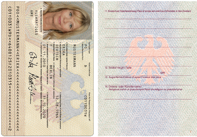 Dienstpass, Passkartenvorderseite und Passbuchinnenseite 1 (BGBl. 2010 I S. 1448)