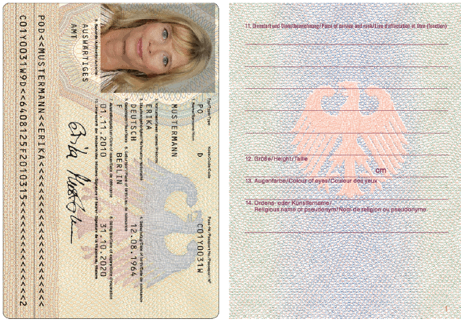 Dienstpass, Passkartenvorderseite und Passbuchinnenseite 1 (BGBl. 2010 I S. 1448) Dienstpass, Passkartenvorderseite und Passbuchinnenseite 1 (BGBl. 2010 I S. 1448)