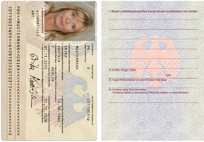 Diplomatenpass, Passkartenvorderseite und Passbuchinnenseite 1 (BGBl. 2010 I S. 1449) Diplomatenpass, Passkartenvorderseite und Passbuchinnenseite 1 (BGBl. 2010 I S. 1449)