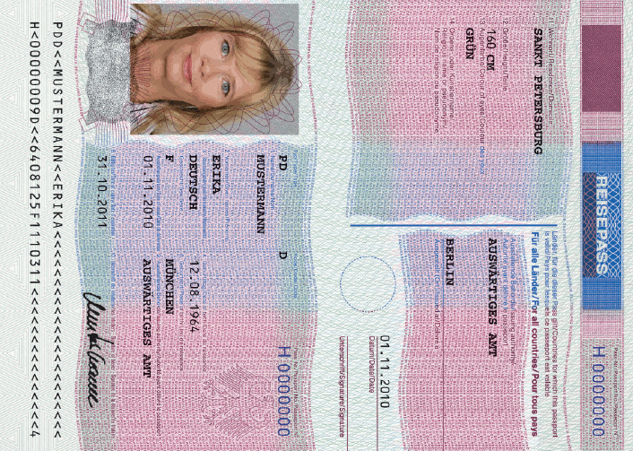 Vorläufiger Diplomatenpass, Aufkleber Personaldaten (BGBl. 2010 I S. 1451)