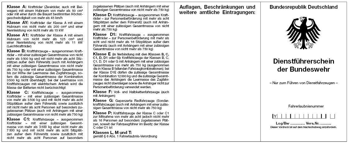 Muster des Dienstführerscheins der Bundeswehr, Vorderseite (BGBl. I 2010 S. 2059)