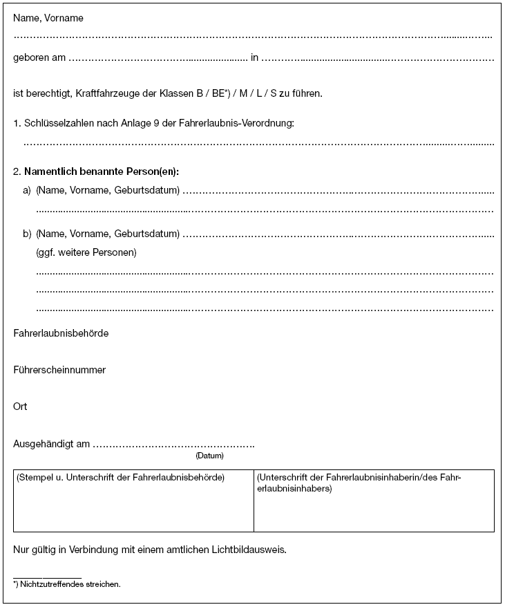 Muster der Prüfungsbescheinigung zum 'Begleiteten Fahren ab 17 Jahre' (BGBl. I 2010 S. 2063)