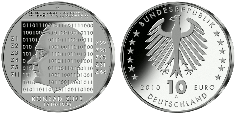 Abbildung von Bild- und Wertseite Gedenkmünze "100. Geburtstag von Konrad Zuse" (BGBl. I 2010 S. 687)