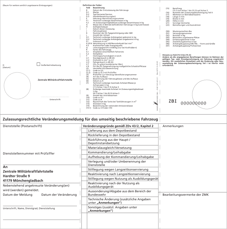 Zulassungsbescheinigung Teil I für Fahrzeuge der Bundeswehr Rückseite (BGBl. I 2011 S. 207)