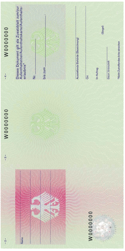 Muster Zusatzblatt zum Aufenthaltstitel mit elektronischem Speicher- und Verarbeitungsmedium Rückseite (BGBl. I 2011 S. 1539)