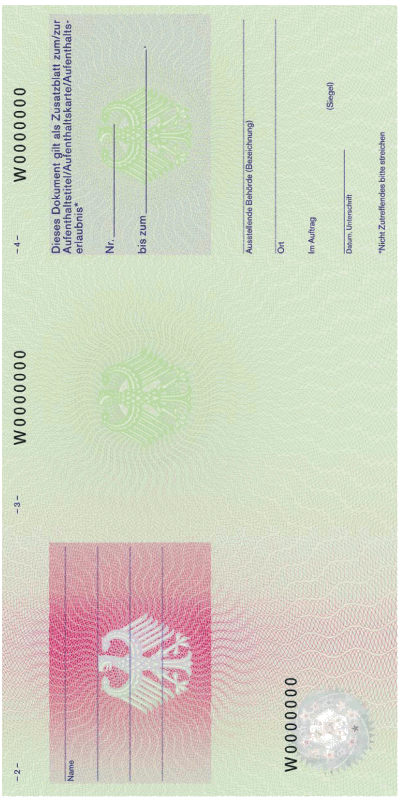 Muster Zusatzblatt zum Aufenthaltstitel mit elektronischem Speicher- und Verarbeitungsmedium Rückseite (BGBl. I 2011 S. 1539)