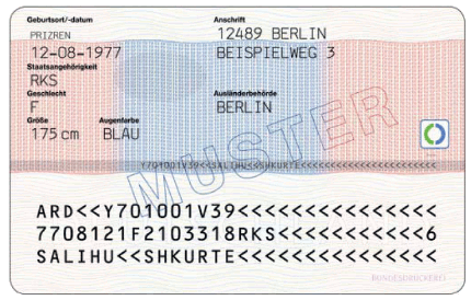 Dokumente mit elektronischem Speicher- und Verarbeitungsmedium - Niederlassungserlaubnis - Rückseite - (BGBl. I 2011 S. 1542)