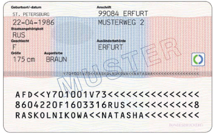 Dokumente mit elektronischem Speicher- und Verarbeitungsmedium - Aufenthaltskarte (Familienangehöriger EU) - Rückseite - (BGBl. I 2011 S. 1546)