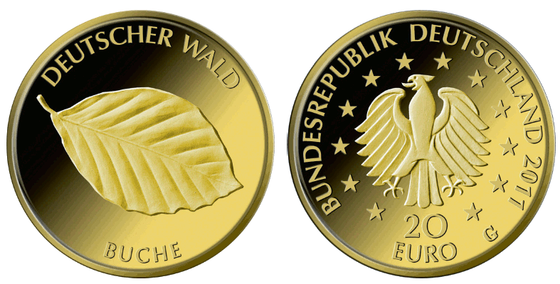 Abb. Bild- und Wertseite Goldmünze "Buche" der Serie "Deutscher Wald" (BGBl. I 2011 S. 1551)